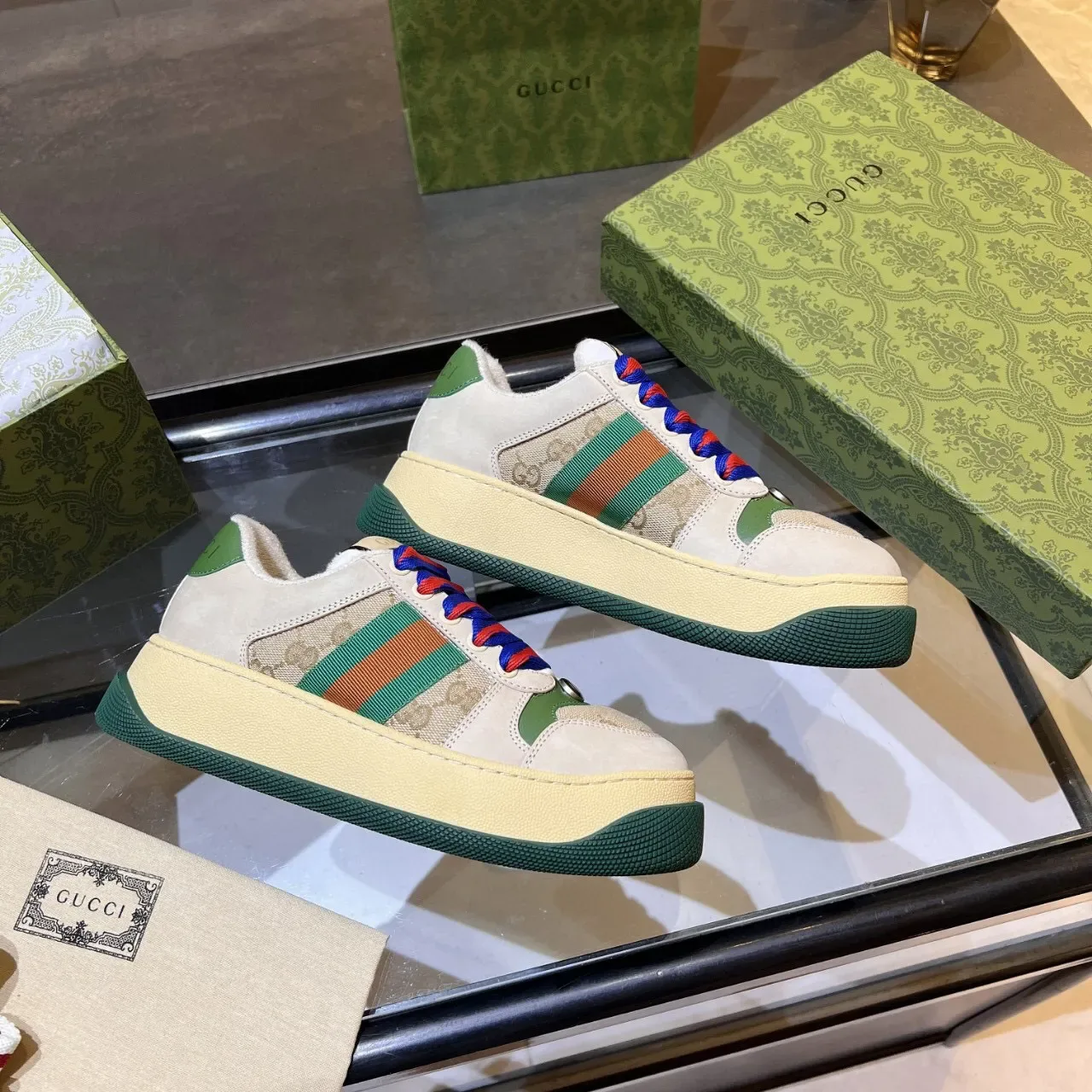 Gucci Screener Beige Green Red Blue Web Stripe Lifestyle Sneakers 7