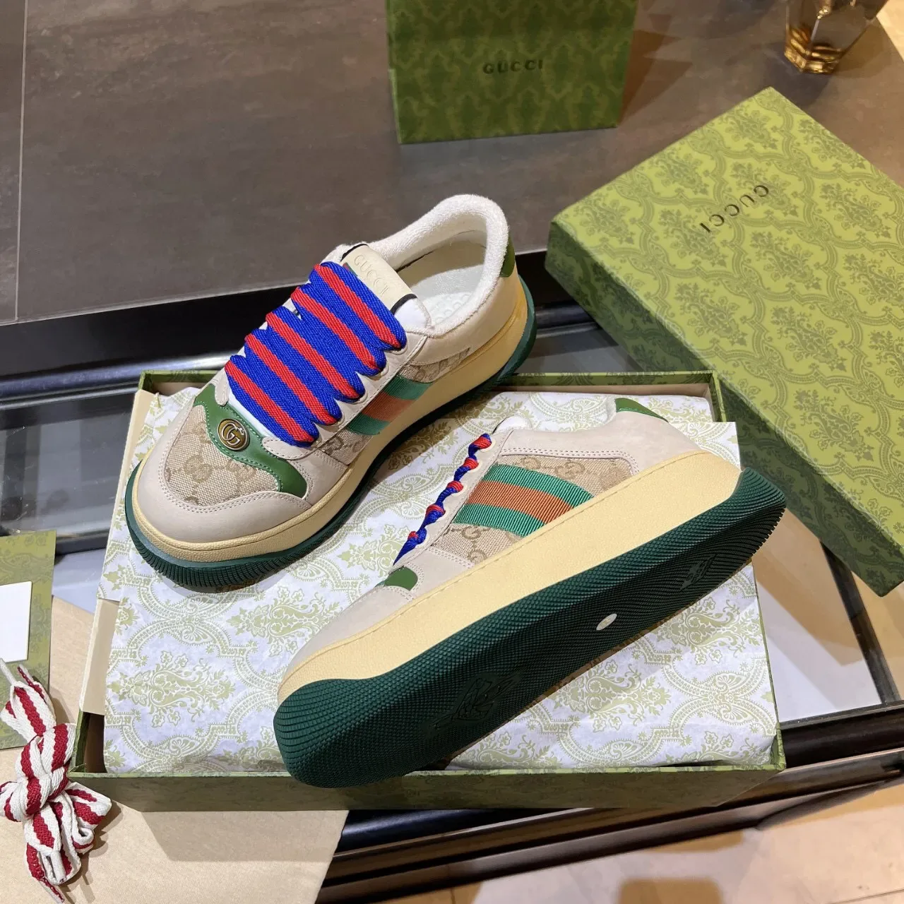 Gucci Screener Beige Green Red Blue Web Stripe Lifestyle Sneakers 8