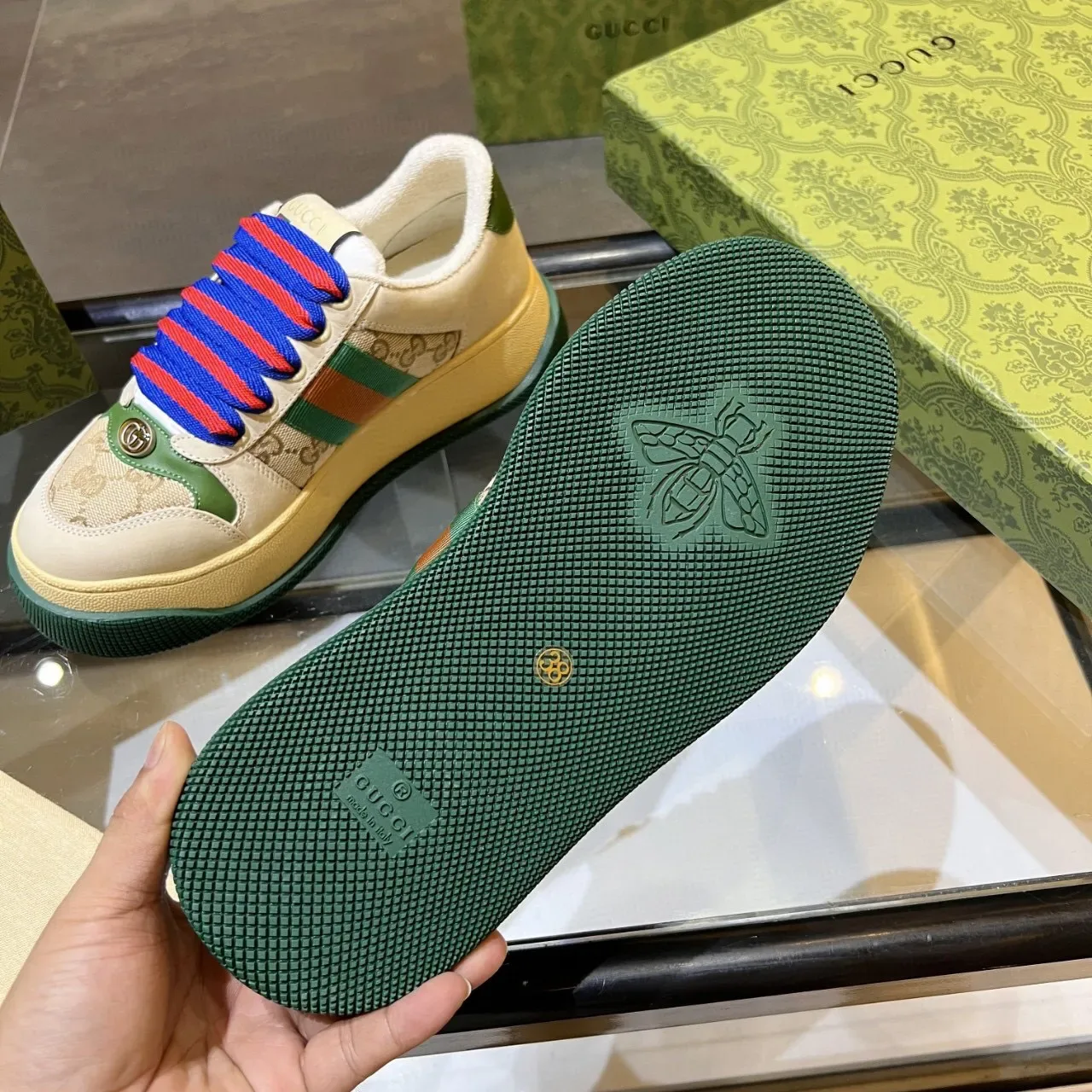 Gucci Screener Beige Green Red Blue Web Stripe Lifestyle Sneakers 9