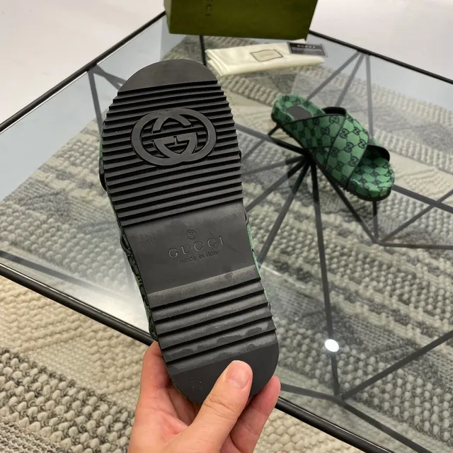 Gucci Screener Green GG Monogram Woven Slippers 2