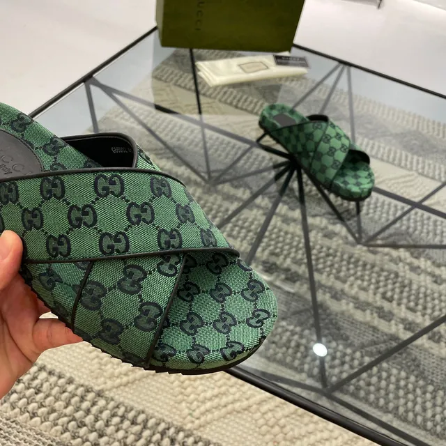 Gucci Screener Green GG Monogram Woven Slippers 4