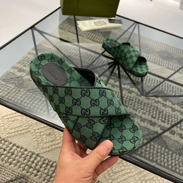 Gucci Screener Green GG Monogram Woven Slippers 6