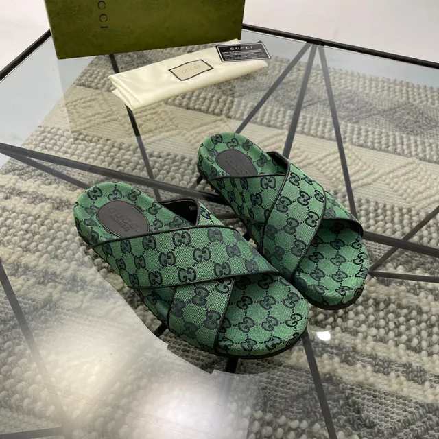 Gucci Screener Green GG Monogram Woven Slippers 8