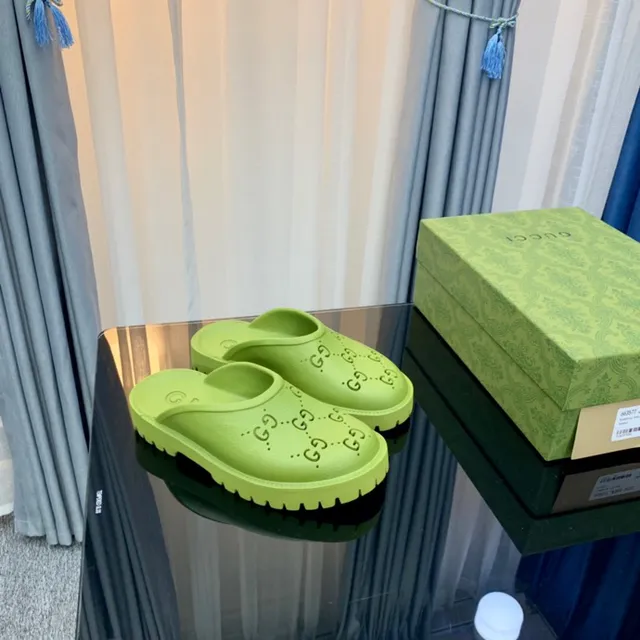 Gucci Screener Lime Green Logo-Perforated Platform Slippers 2