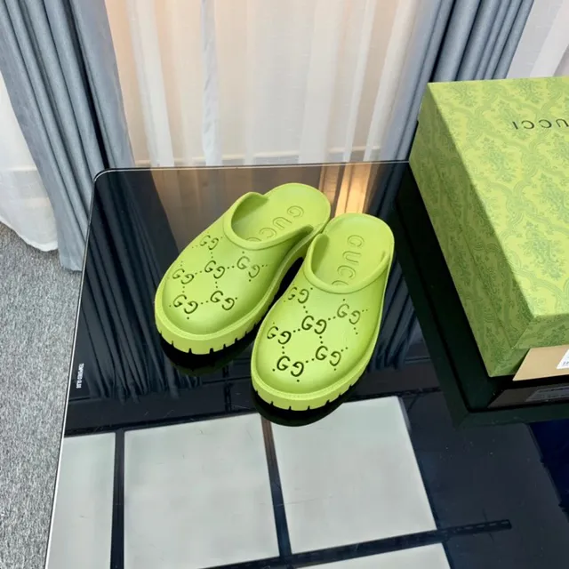 Gucci Screener Lime Green Logo-Perforated Platform Slippers 3