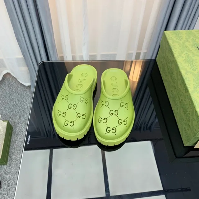 Gucci Screener Lime Green Logo-Perforated Platform Slippers 4