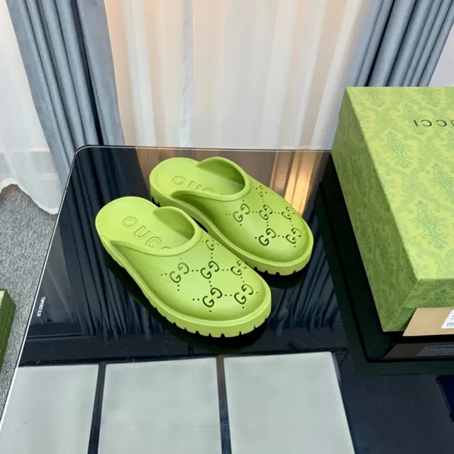 Gucci Screener Lime Green Logo-Perforated Platform Slippers 5