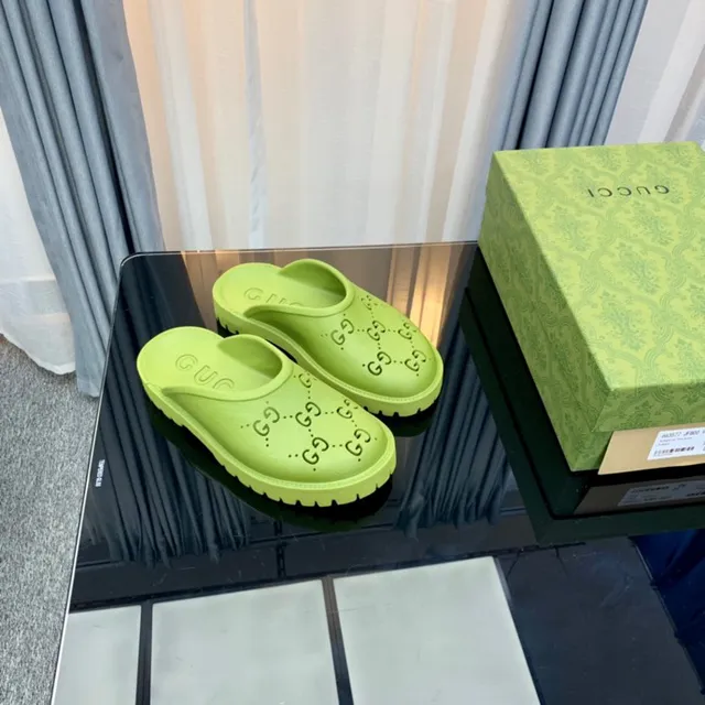 Gucci Screener Lime Green Logo-Perforated Platform Slippers 7