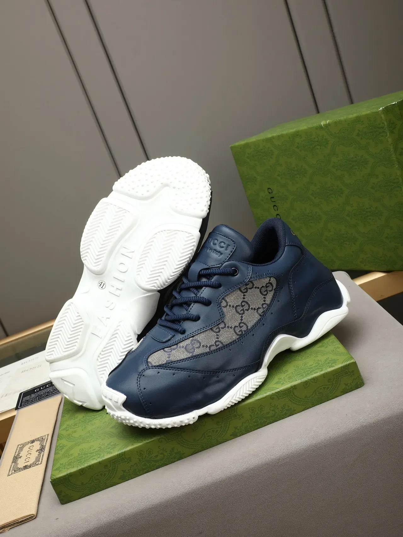 Gucci Screener Navy Blue and Beige GG Monogram Lifestyle Sneakers 2
