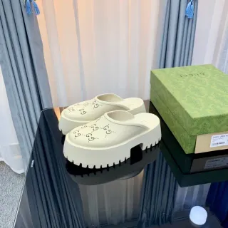 Gucci Screener Off-White Perforated Monogram Platform Slippers