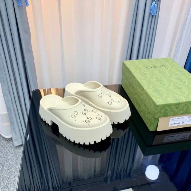 Gucci Screener Off-White Perforated Monogram Platform Slippers 7
