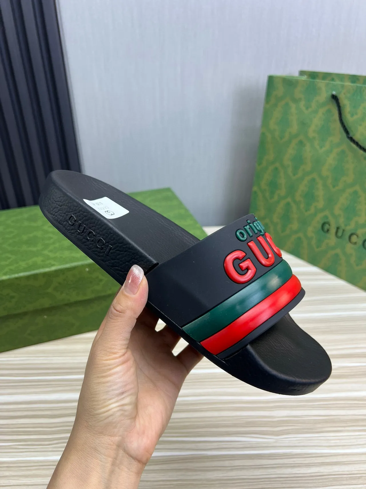 Gucci Screener Original GUCCI Black Red Green Slippers 4
