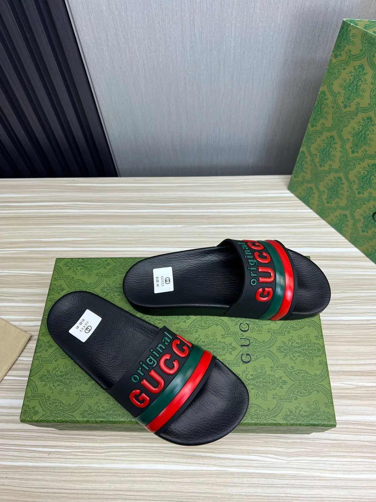 Gucci Screener Original GUCCI Black Red Green Slippers 5