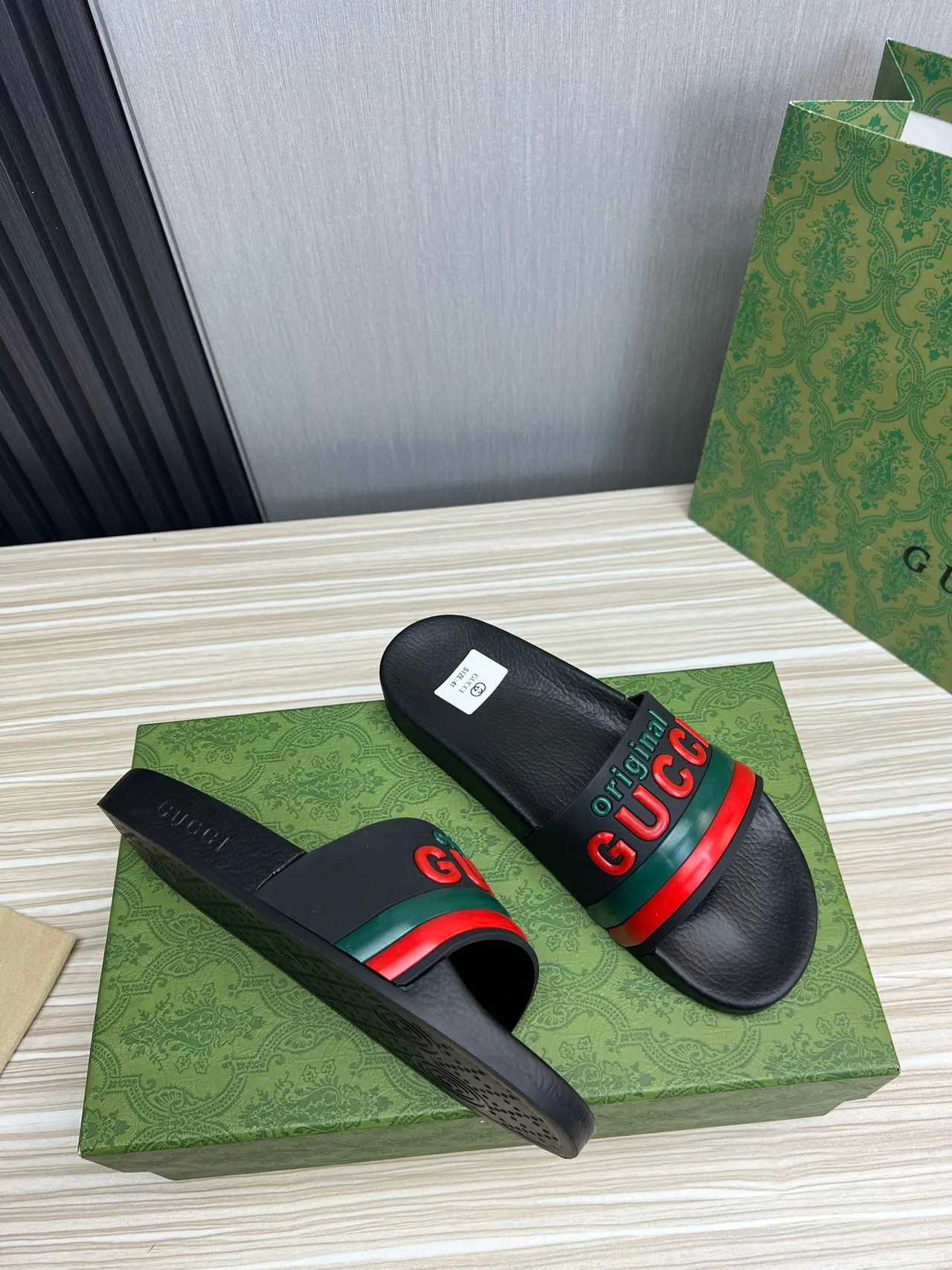 Gucci Screener Original GUCCI Black Red Green Slippers 6