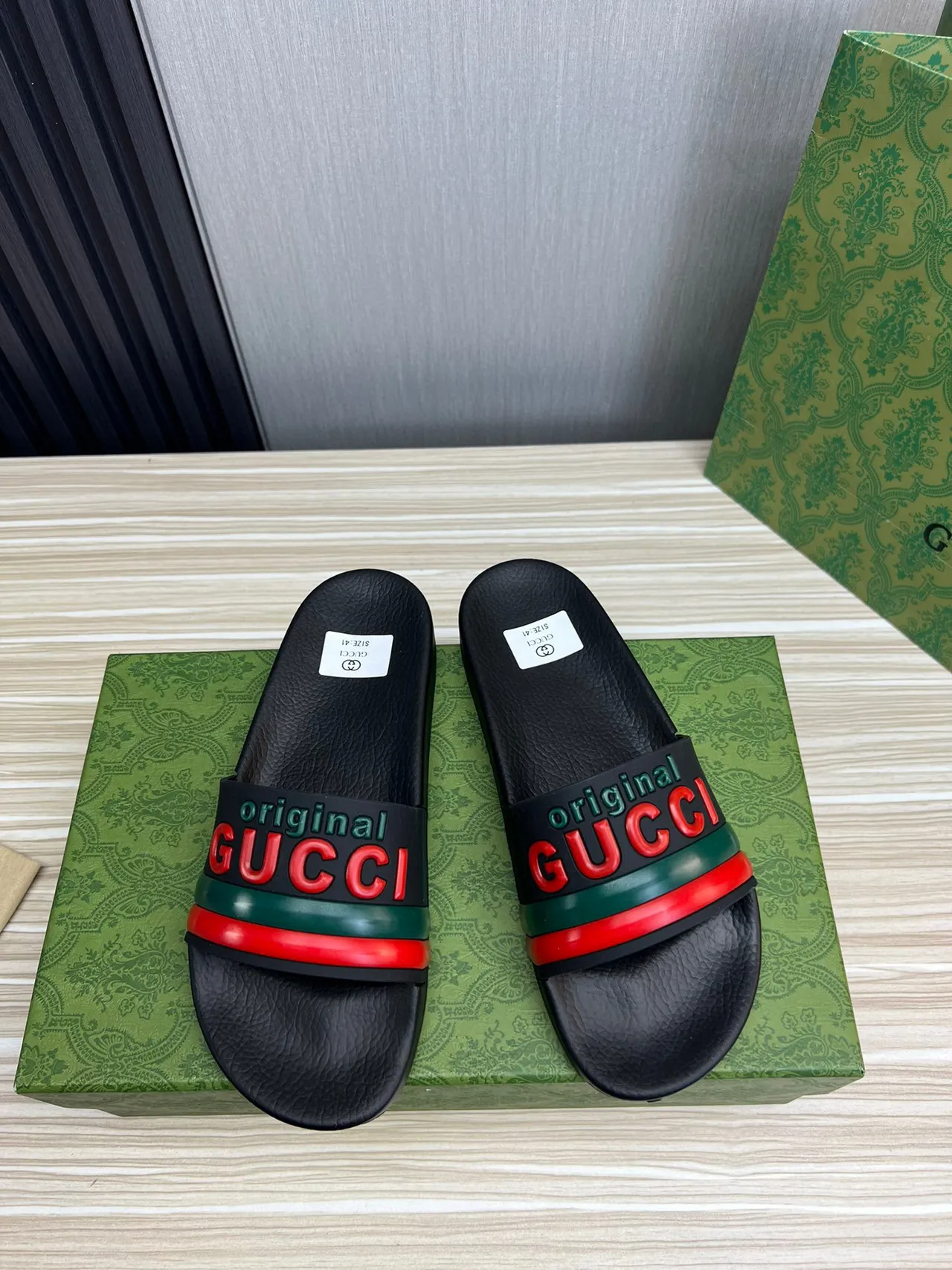Gucci Screener Original GUCCI Black Red Green Slippers 8