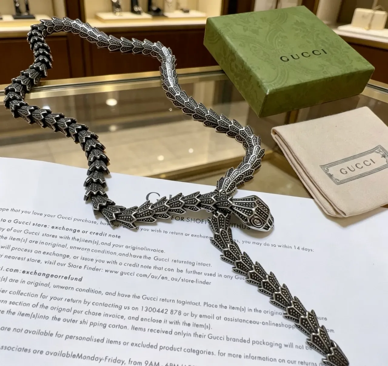 Gucci Serpent Silver Black Snake-Shaped Textured Scale Detailing Necklace 3