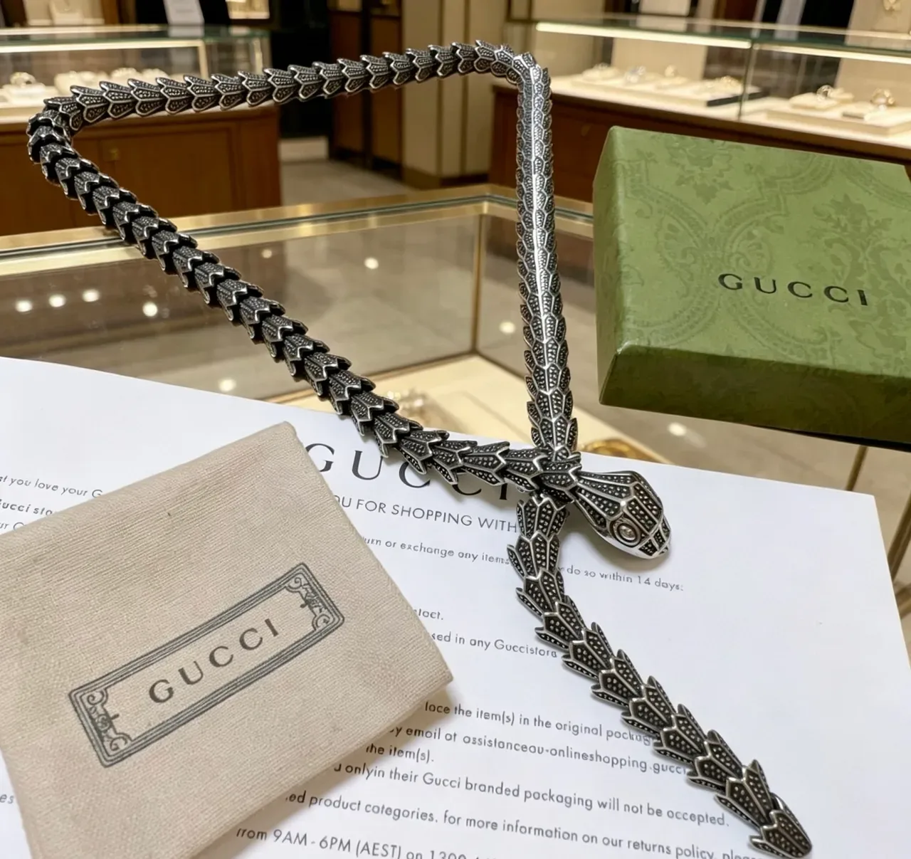 Gucci Serpent Silver Black Snake-Shaped Textured Scale Detailing Necklace 7