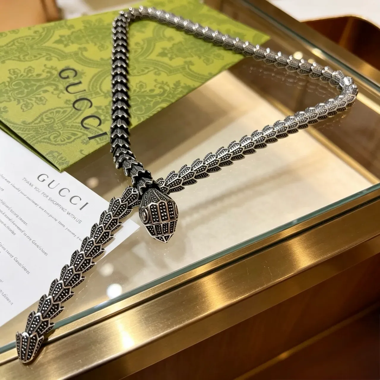 Gucci Serpent Silver Black Snake-Shaped Textured Scale Detailing Necklace 8