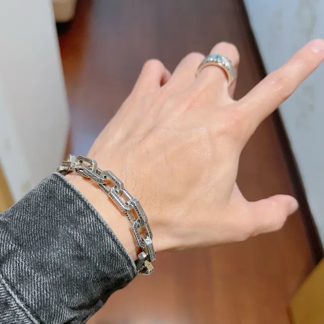 Gucci Silver Black Engraved Chain-Link Rectangular Links Bracelet 2