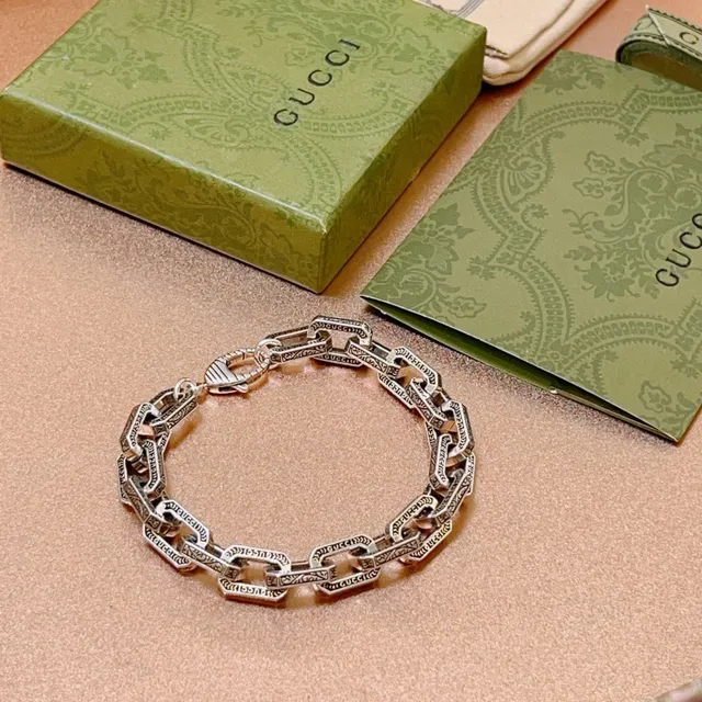 Gucci Silver Black Engraved Chain-Link Rectangular Links Bracelet 5