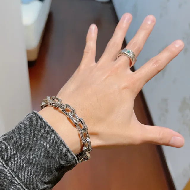 Gucci Silver Black Engraved Chain-Link Rectangular Links Bracelet 7
