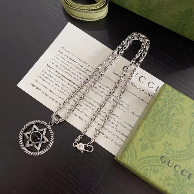 Gucci Silver Black Oxidized Metal Cabochon Center Necklace 3