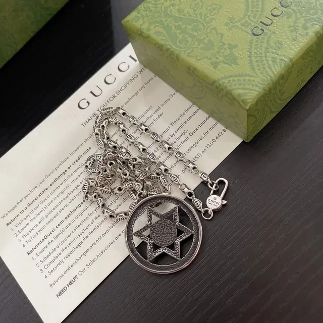 Gucci Silver Black Oxidized Metal Cabochon Center Necklace 4