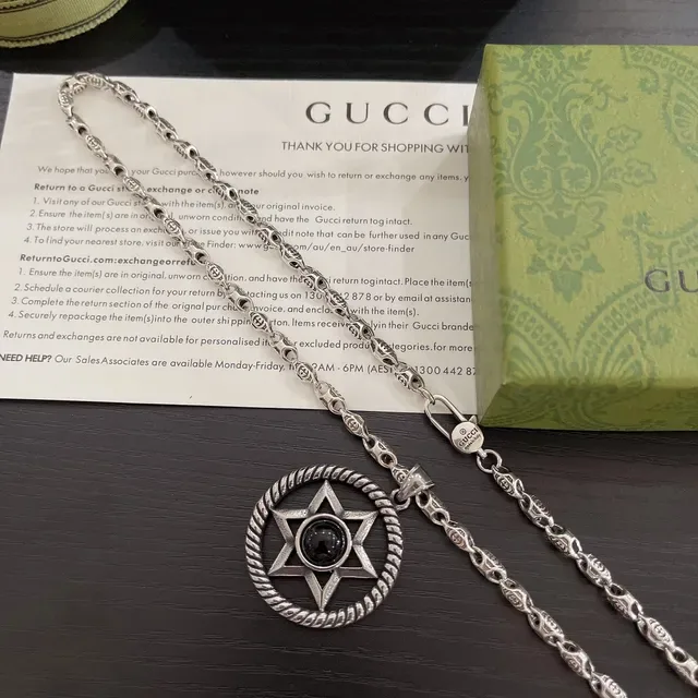 Gucci Silver Black Oxidized Metal Cabochon Center Necklace 5