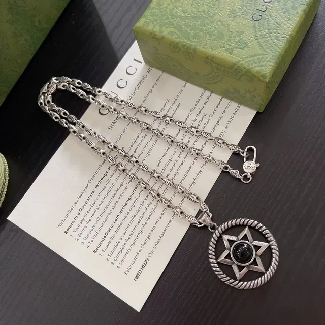 Gucci Silver Black Oxidized Metal Cabochon Center Necklace 6
