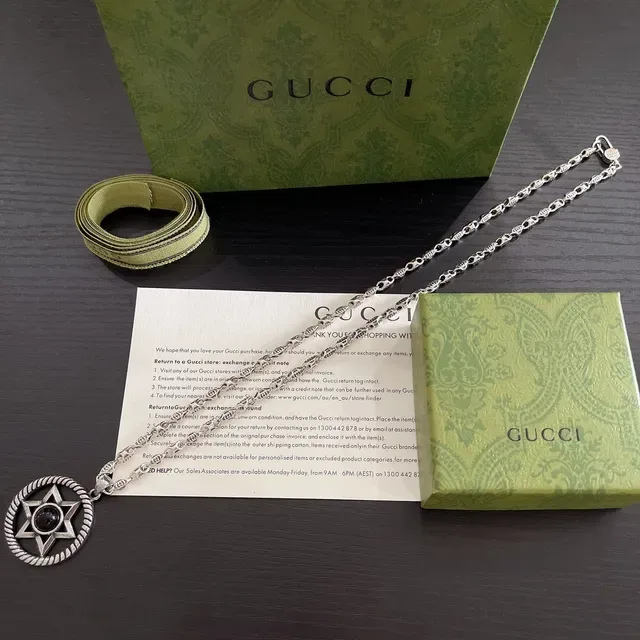 Gucci Silver Black Oxidized Metal Cabochon Center Necklace 8
