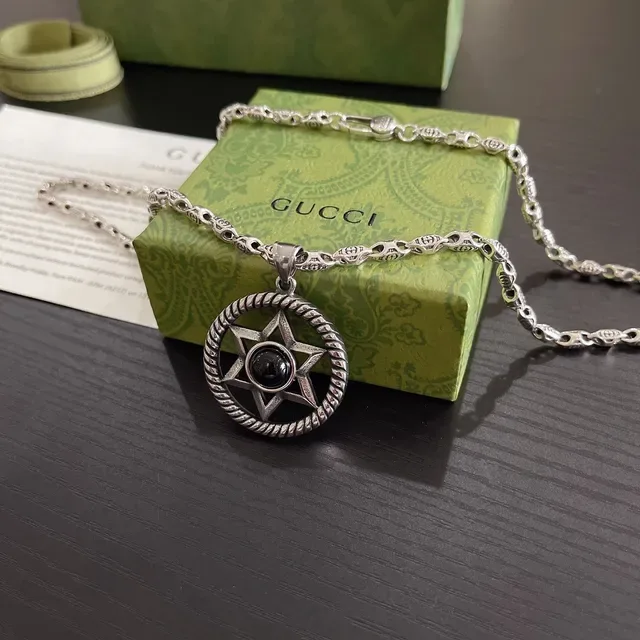 Gucci Silver Black Oxidized Metal Cabochon Center Necklace 9