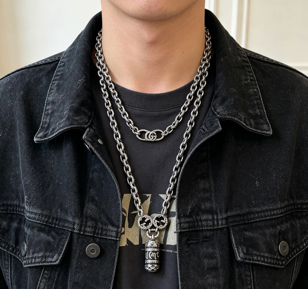 Gucci Silver Black Twisted-Link Chain Interlocking G Motifs Necklace 4