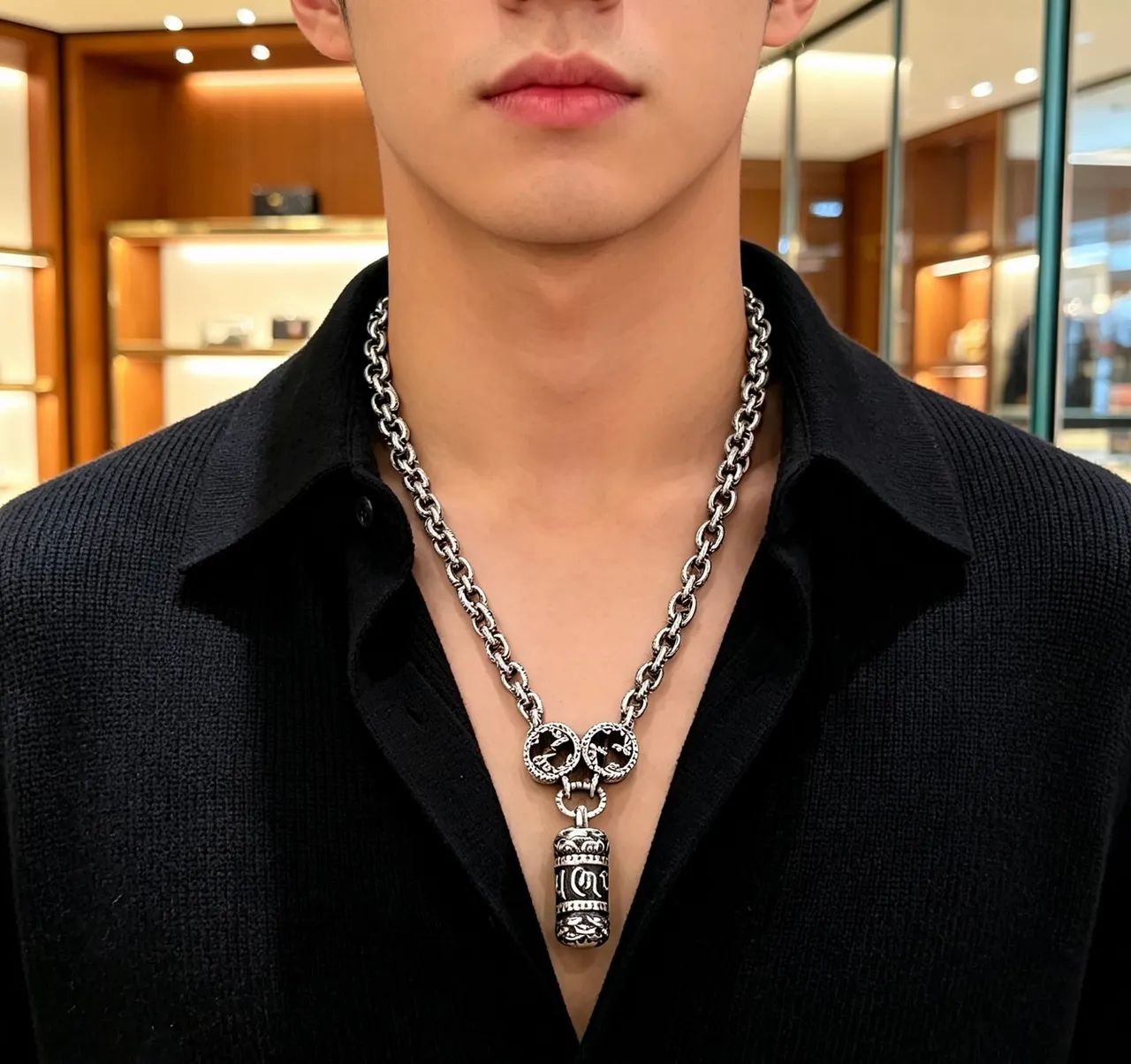 Gucci Silver Black Twisted-Link Chain Interlocking G Motifs Necklace 6