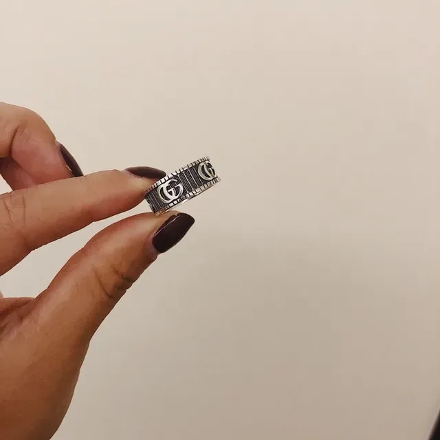 Gucci Silver Black Wide Band Interlocking GG Logo Ring 3