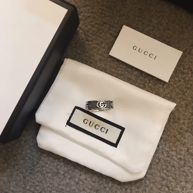 Gucci Silver Black Wide Band Interlocking GG Logo Ring 4