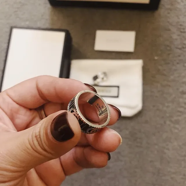 Gucci Silver Black Wide Band Interlocking GG Logo Ring 6