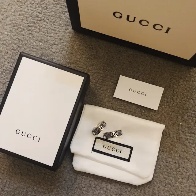 Gucci Silver Black Wide Band Interlocking GG Logo Ring 8