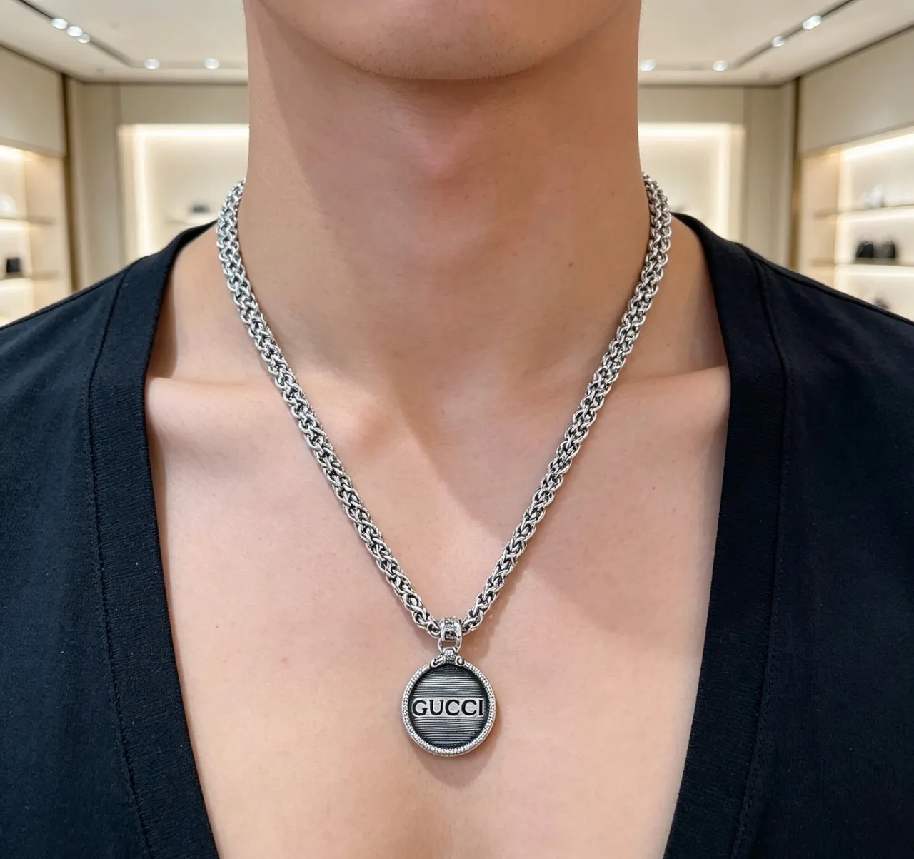 Gucci Silver Byzantine-Link Chain Circular Engraved Medallion Pendant Necklace 2