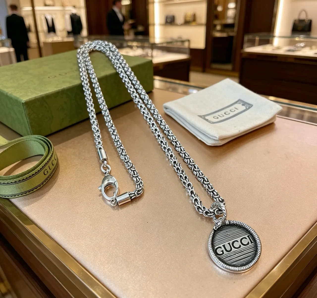 Gucci Silver Byzantine-Link Chain Circular Engraved Medallion Pendant Necklace 3