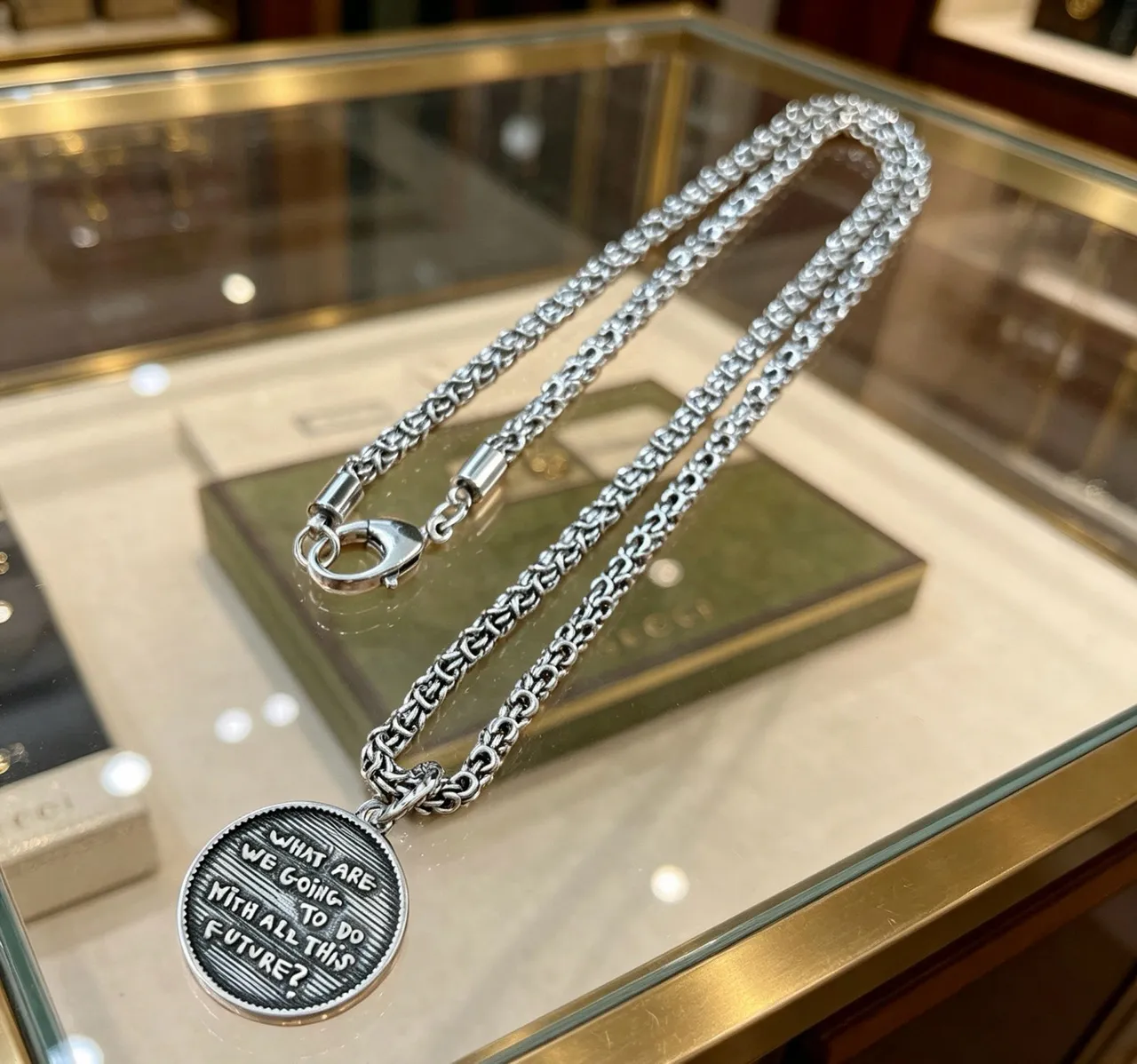 Gucci Silver Byzantine-Link Chain Circular Engraved Medallion Pendant Necklace 4