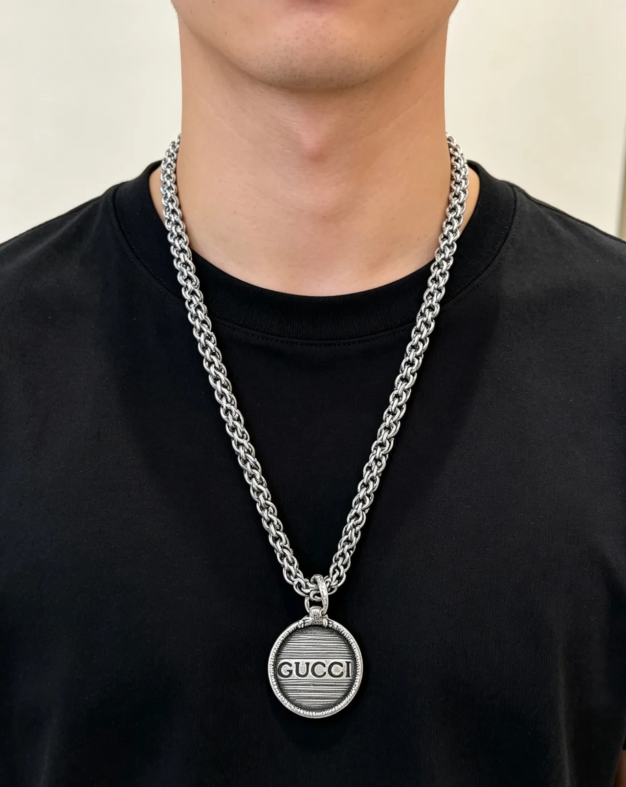 Gucci Silver Byzantine-Link Chain Circular Engraved Medallion Pendant Necklace 5