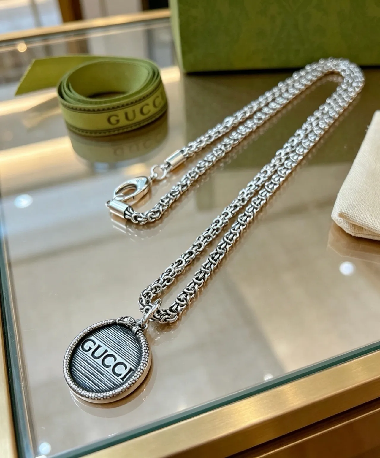 Gucci Silver Byzantine-Link Chain Circular Engraved Medallion Pendant Necklace 6
