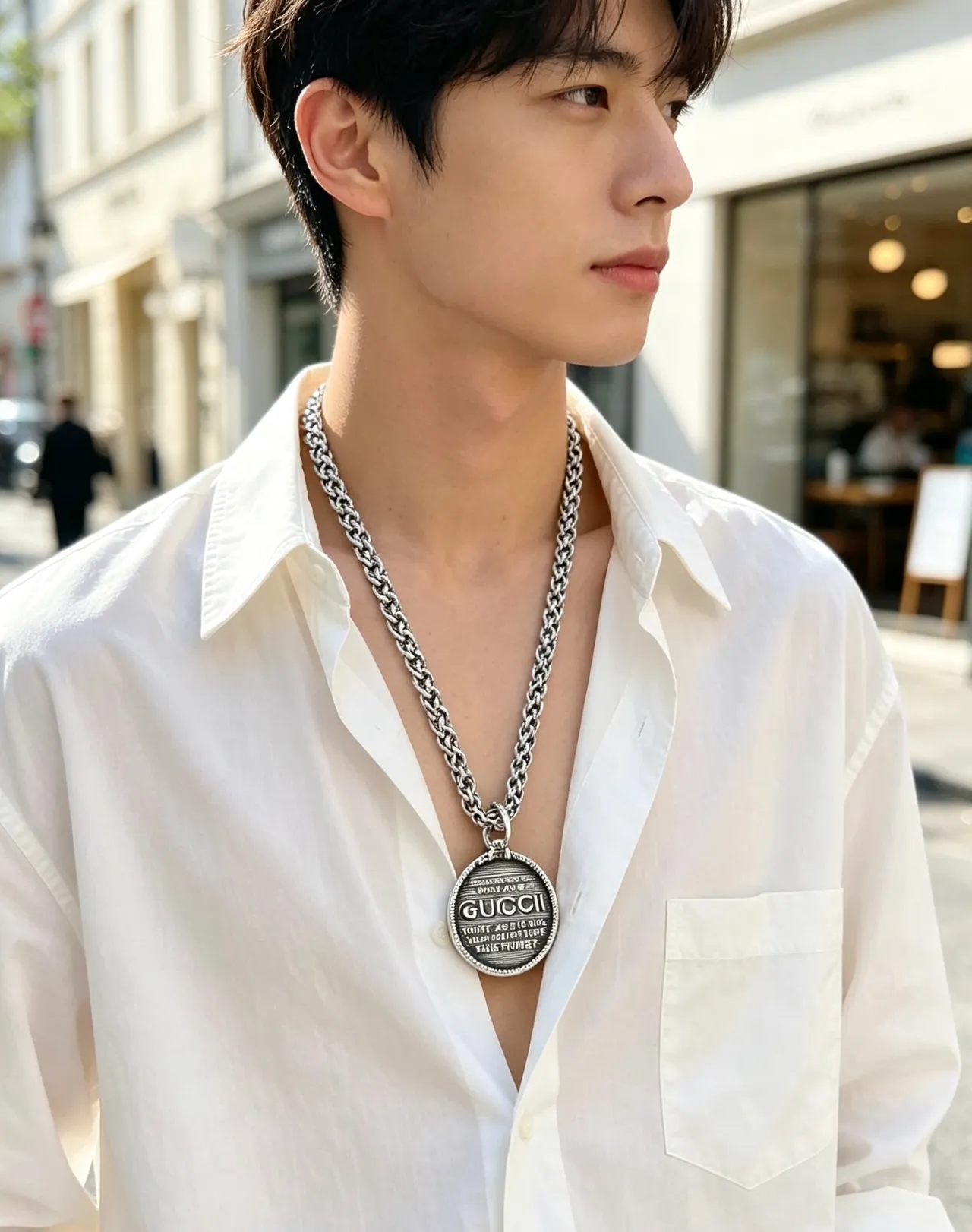 Gucci Silver Byzantine-Link Chain Circular Engraved Medallion Pendant Necklace 8