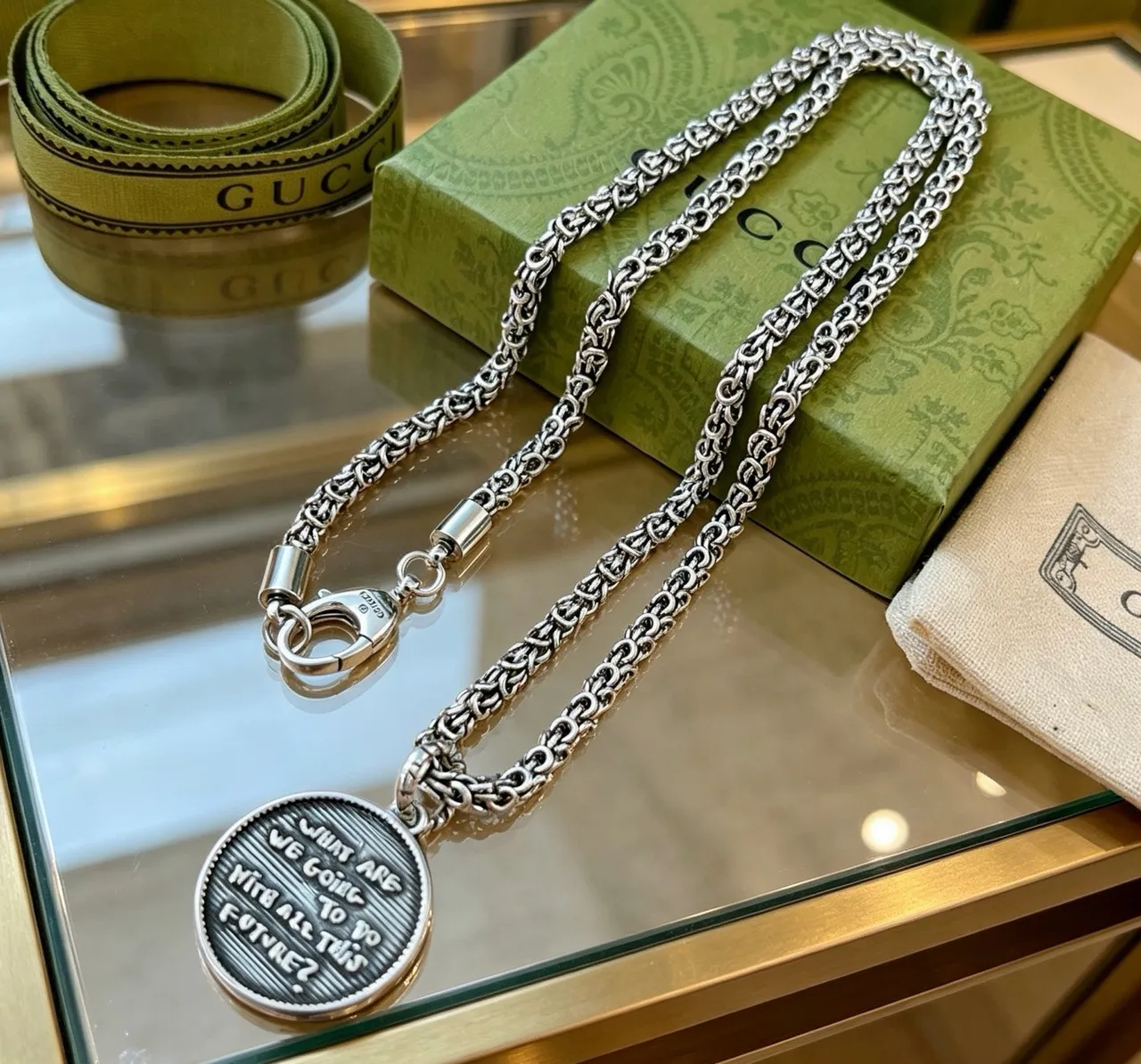 Gucci Silver Byzantine-Link Chain Circular Engraved Medallion Pendant Necklace 9