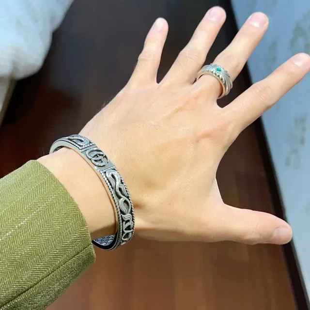 Gucci Silver Gold Ornate Scrollwork Interlocking GG Logo Bracelet 2