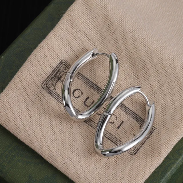 Gucci Silver Gold Oval Hoop Hinged Closure Earrings 2