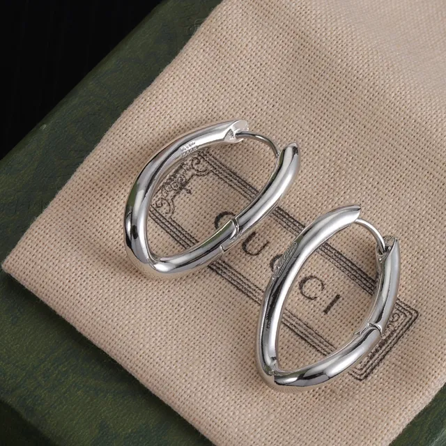 Gucci Silver Gold Oval Hoop Hinged Closure Earrings 5