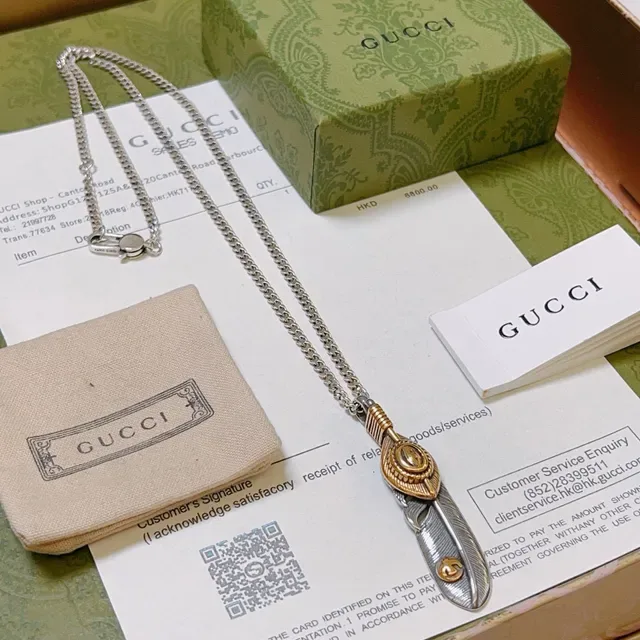 Gucci Silver Gold Two-Tone Metal Feather Pendant Necklace 3