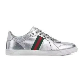 Gucci Silver Green Metallic Leather Web Stripe Side Panel Lifestyle Sneakers