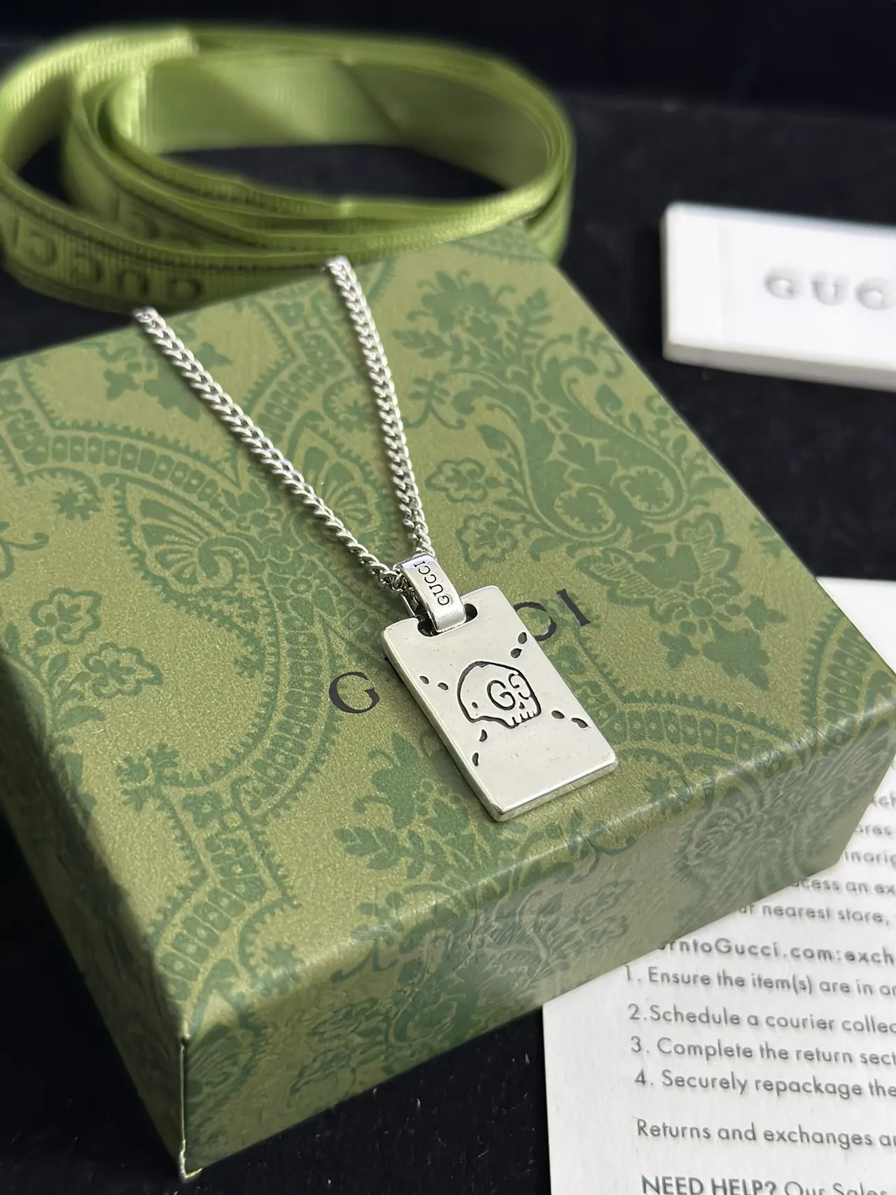 Gucci Skull Dog Tag Silver Green Rectangular Pendant Curb Chain Necklace 1